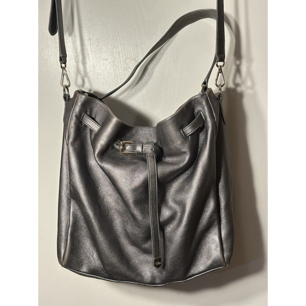 Cole Haan Metallic Silver Drawstring Crossbody Bag Purse Gold Hardware 12x12x3